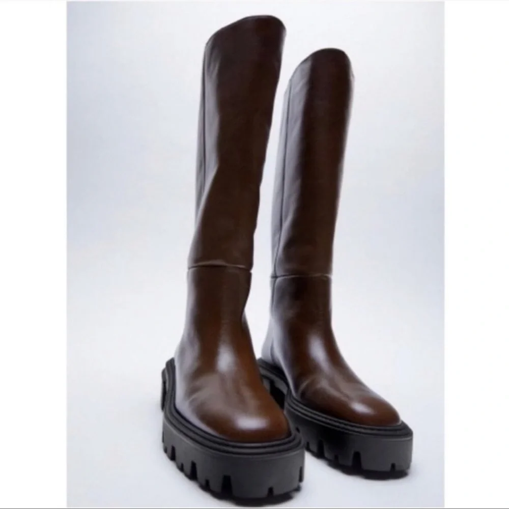 Zara Iconic Lug Heel Knee High Leather Boots Sz. 8